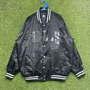 Vintage Chicago Bulls Satin Starter Jacket Mens 2XL Varsity Snap Front Black 90s